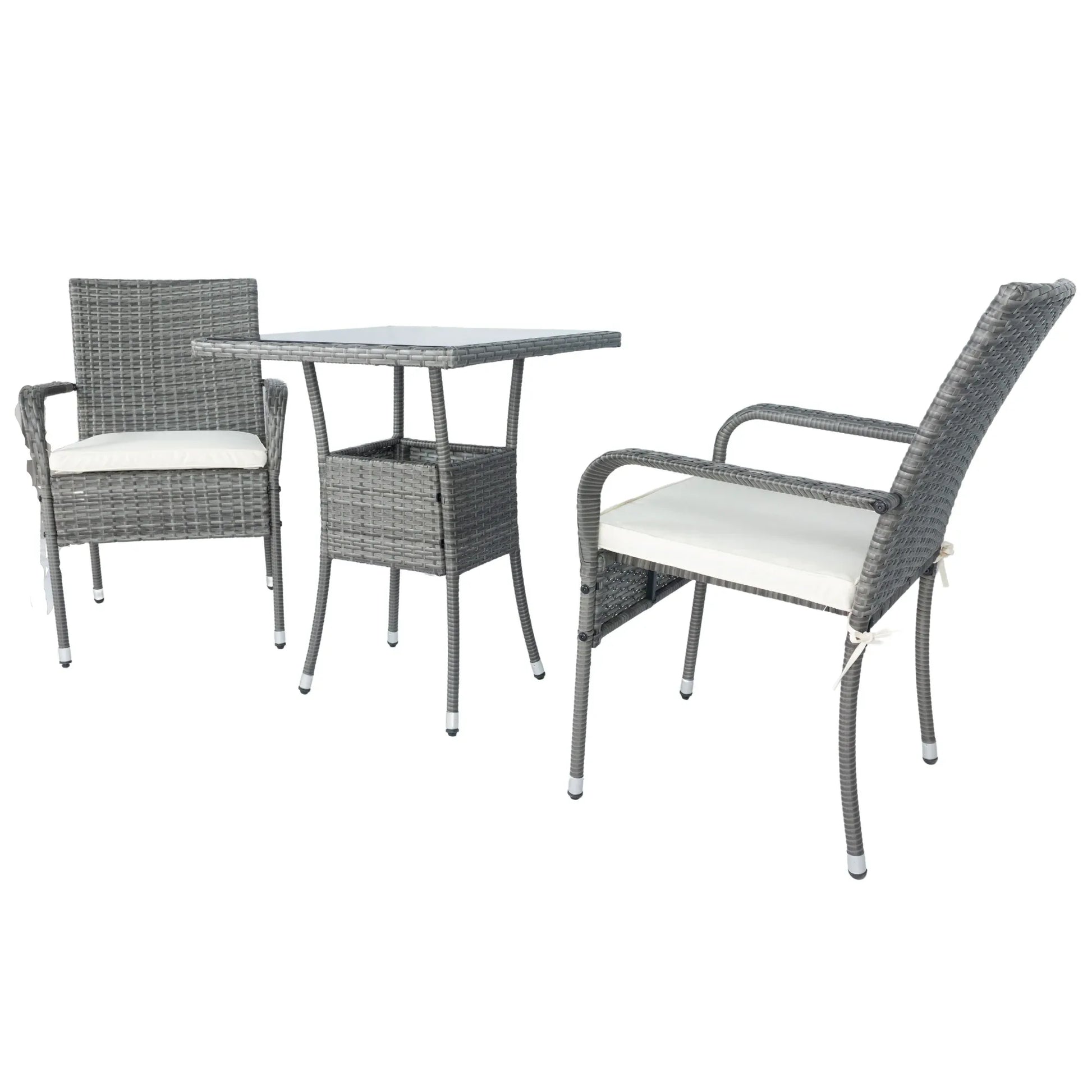 3 Piece Patio Wicker Conversation Set Grey Wicker + white Cushion - Shello's Creative Boutique