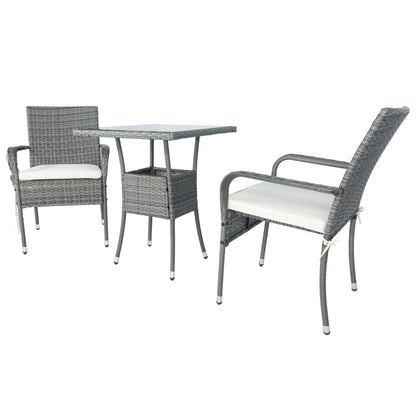 3 Piece Patio Wicker Conversation Set Grey Wicker + white Cushion - Shello's Creative Boutique