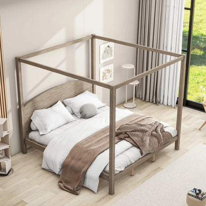 King Size Canopy Platform Bed with Headboard and Support Legs, Brown Wash - Shello's Creative Boutique