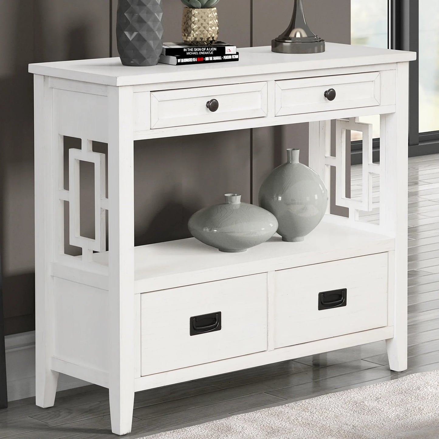 36'' Farmhouse Pine Wood Console Table Entry Sofa Table with 4 Drawers & 1 Storage Shelf (Antique White) - Shello's Creative Boutique