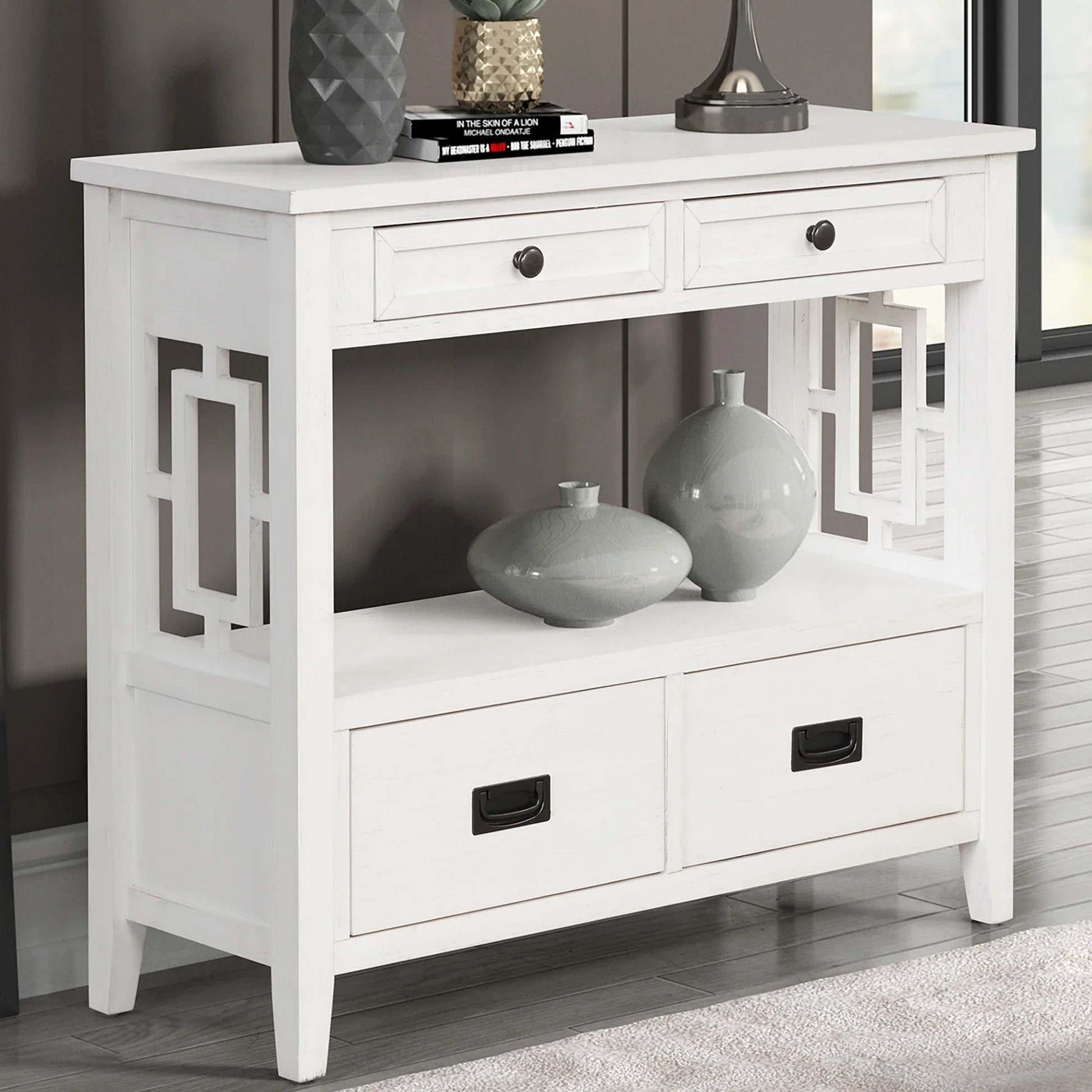 36'' Farmhouse Pine Wood Console Table Entry Sofa Table with 4 Drawers & 1 Storage Shelf (Antique White) - Shello's Creative Boutique