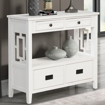 36'' Farmhouse Pine Wood Console Table Entry Sofa Table with 4 Drawers & 1 Storage Shelf (Antique White) - Shello's Creative Boutique
