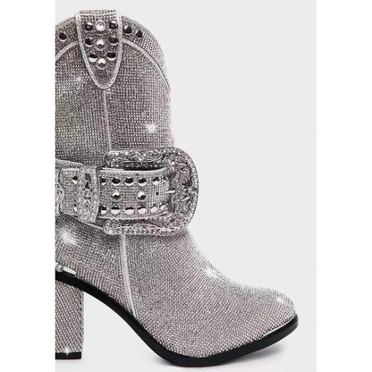 Western denim hot drill mid tube round head belt buckle thick heel fashion boots - Shello's Creative Boutique
