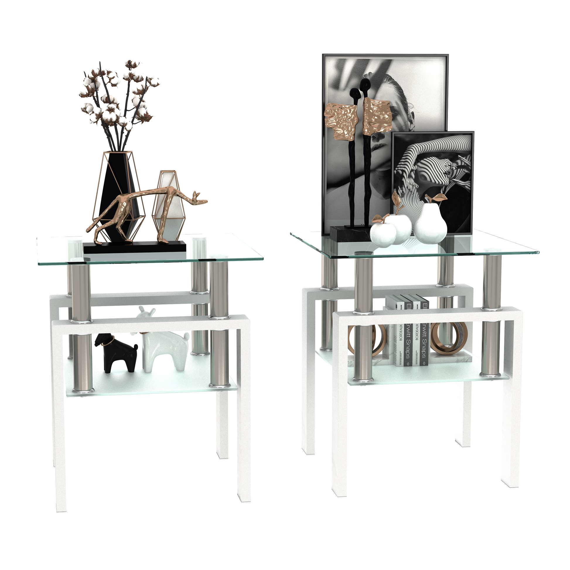 Set of 2, Modern Tempered Glass Tea Table Coffee Table End Table, Square Table for Living Room, Transparent/White eprolo