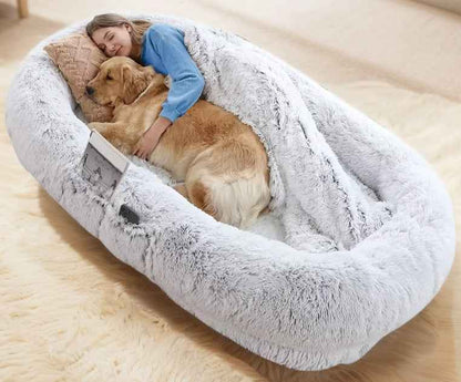 Human dog bed, size 71 inches x 40 inches x 12 inches, washable faux fur dog bed - gray