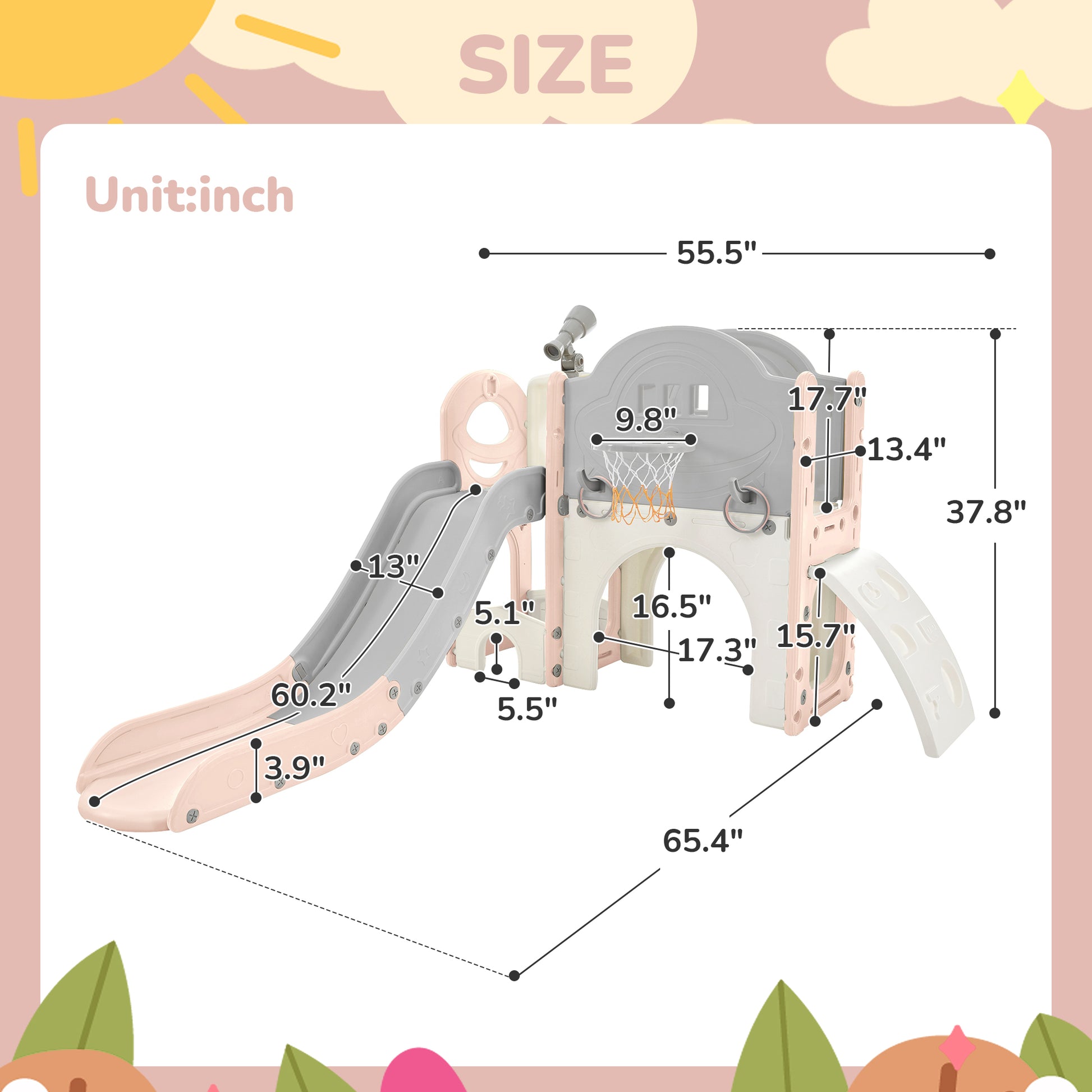 Kids Slide Playset Structure 7 in 1, Freestanding Spaceship Set with Slide, Arch Tunnel Pink+Grey + HDPE eprolo