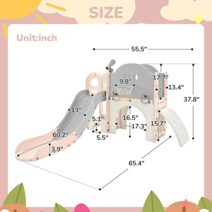 Kids Slide Playset Structure 7 in 1, Freestanding Spaceship Set with Slide, Arch Tunnel Pink+Grey + HDPE - Shello's Creative Boutique