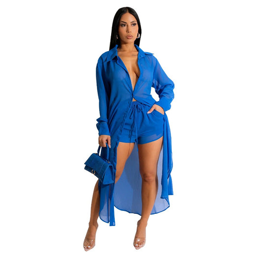 Sexy Perspective Solid Color Chiffon Long Shirt Shorts Beach Two Piece Set New eprolo