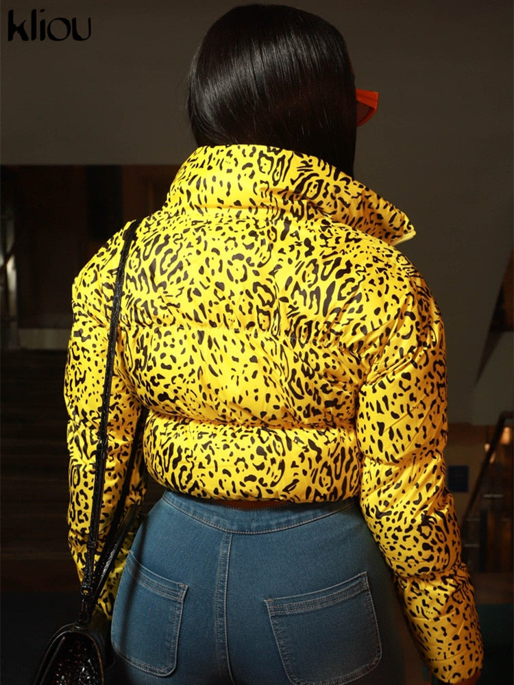  Pure Cotton Heavy Coat Women Autumn And Winter Warming Leopard Print Outwear Turtleneck Sheath High Wasit Street Wear