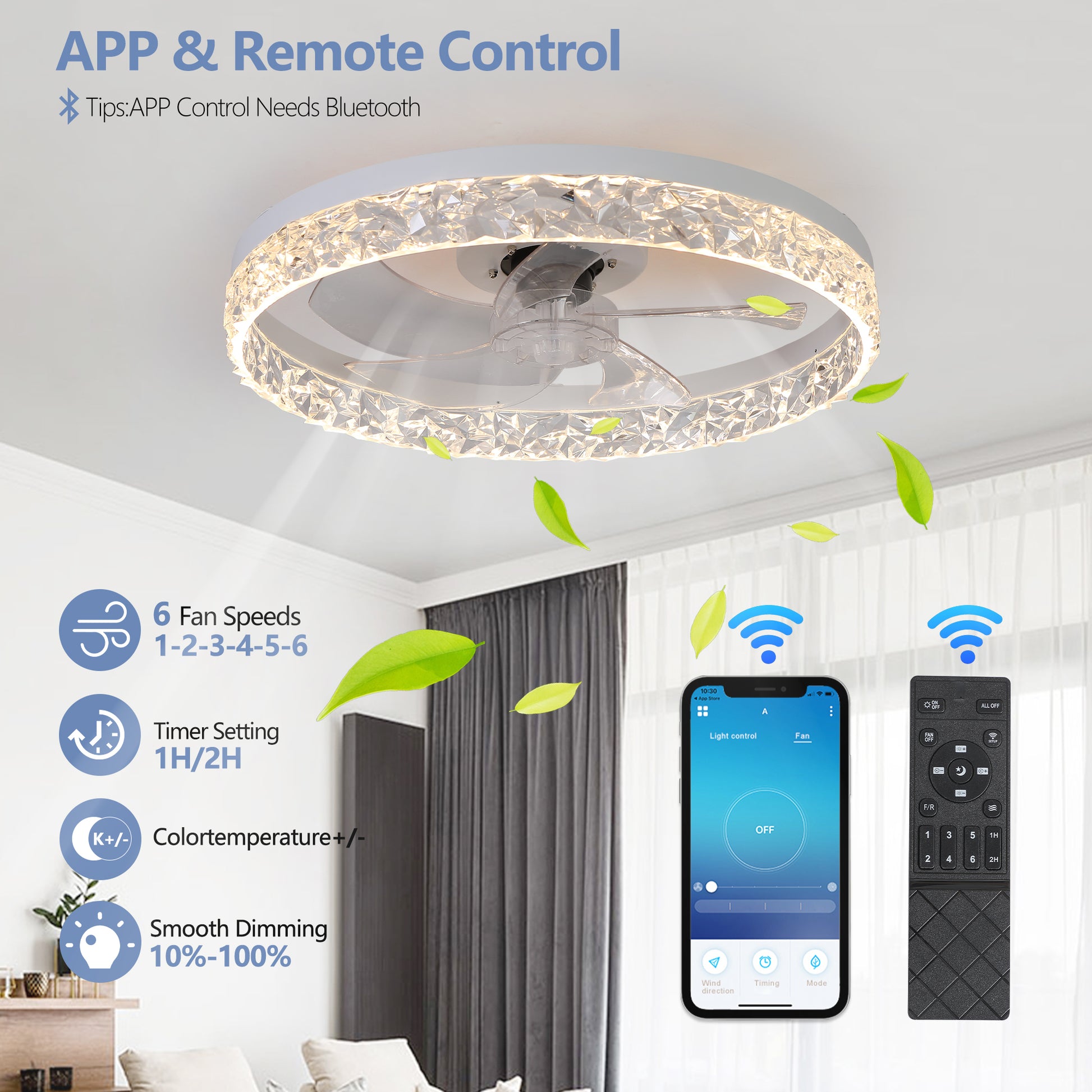 Modern acrylic ceiling fan light with remote control, dimmable LED pendant light, 6-speed adjustable, silent motor eprolo