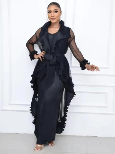 Heavy Industry Pleated Set Solid Flounced Edge Full Sleeved Sexy Evening Party Two Piece Sets for Women eprolo