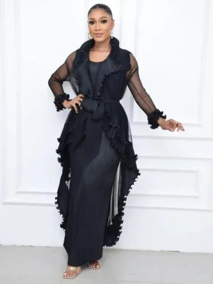 Heavy Industry Pleated Set Solid Flounced Edge Full Sleeved Sexy Evening Party Two Piece Sets for Women - Shello's Creative Boutique