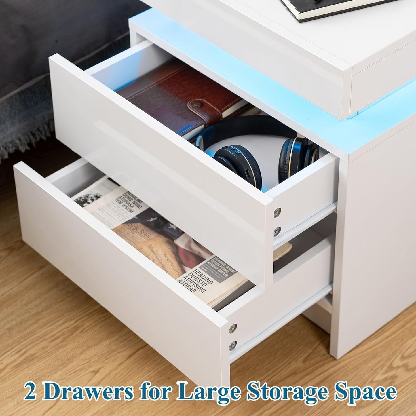 Modern white Nightstand With 2 Storage Drawers,Led Lights, End Table For Bedroom Furniture eprolo
