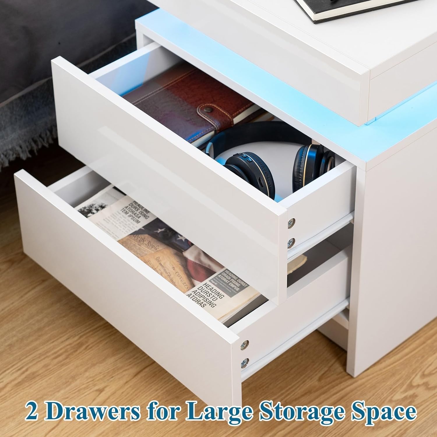 Modern white Nightstand With 2 Storage Drawers,Led Lights, End Table For Bedroom Furniture eprolo