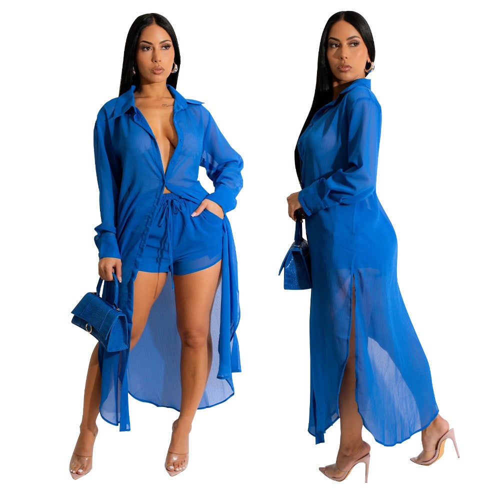 Sexy Perspective Solid Color Chiffon Long Shirt Shorts Beach Two Piece Set New eprolo
