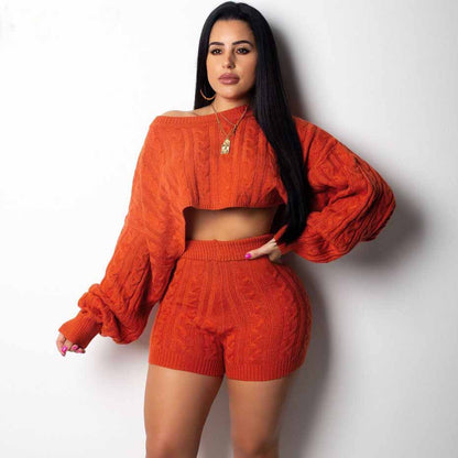 2 Two Piece Set Women Clothes Autumn Winter Outfits Long Sleeve Knit Sweater Tops+Bodycon Shorts Suit Sexy Matching Sets eprolo