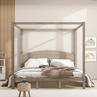 King Size Canopy Platform Bed with Headboard and Support Legs, Brown Wash - Shello's Creative Boutique