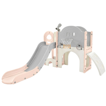Kids Slide Playset Structure 7 in 1, Freestanding Spaceship Set with Slide, Arch Tunnel Pink+Grey + HDPE - Shello's Creative Boutique