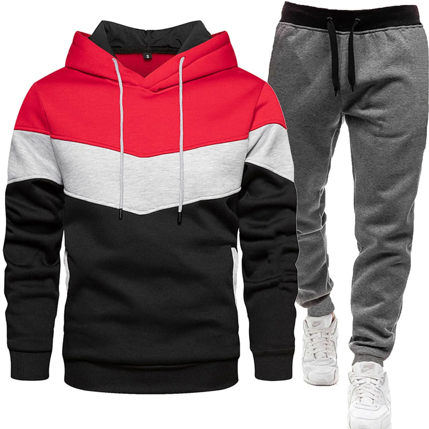 Men's three color hoodie sports suit, fashionable and casual, spring and autumn splicing hooded top, long pants two-piece set - Shello's Creative Boutique