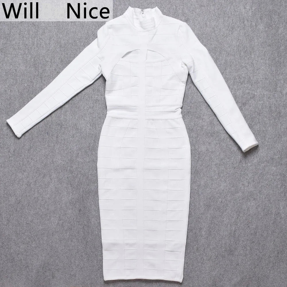 White Hollow Out Bandage Midi Dress - Long Sleeve Bodycon - Shello's Creative Boutique