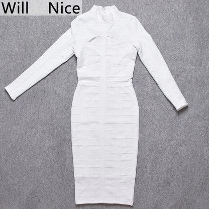 White Hollow Out Bandage Midi Dress - Long Sleeve Bodycon - Shello's Creative Boutique