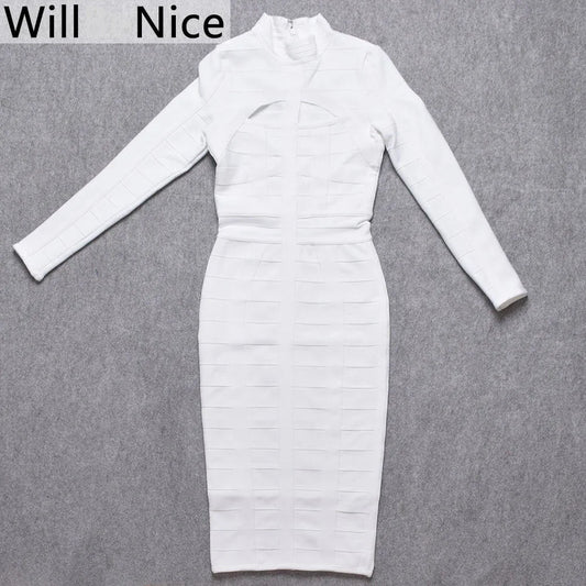 White Hollow Out Bandage Midi Dress - Long Sleeve Bodycon - Shello's Creative Boutique