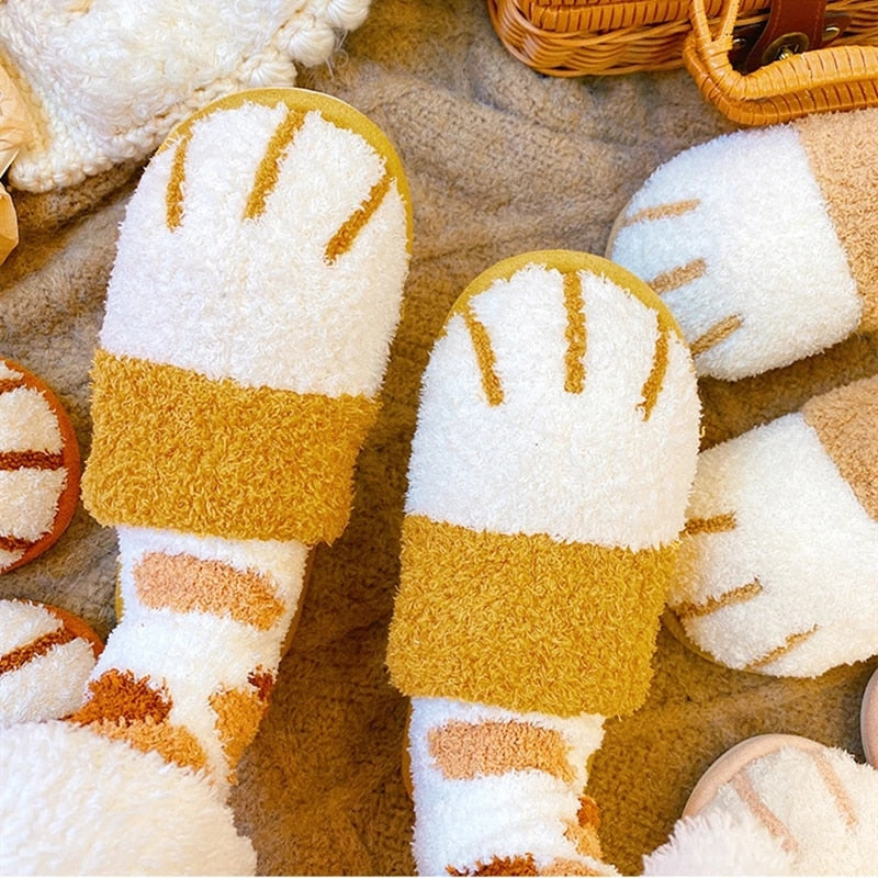 Winter House Warm Fur Slipers For Women Cute Cat paw Designer Bedroom Warm Plush Shoes Non-slip Indoor Women Furry Slippers eprolo