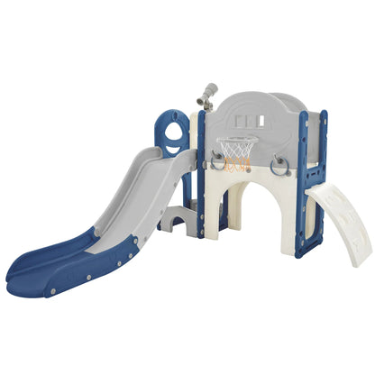 Kids Slide Playset Structure 7 in 1, Freestanding Spaceship Set with Slide, Arch Tunnel Blue+Grey + HDPE - Shello's Creative Boutique
