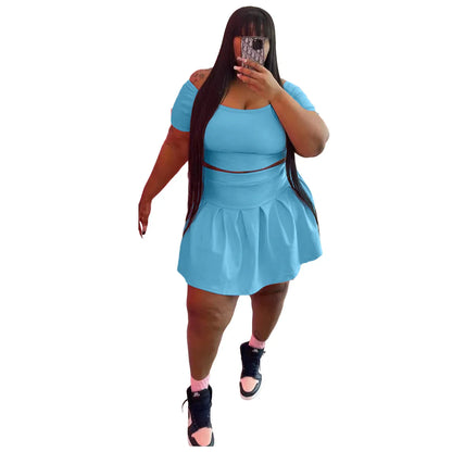 Fashion Women's New Solid Color Pleated Skirt Plus Size Two Piece Set - Shello's Creative Boutique