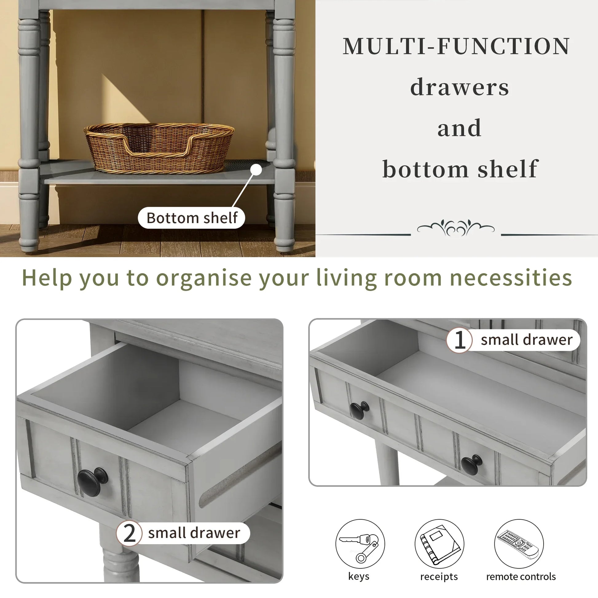 TREXM Narrow Console Desk, Thin Sofa Table with Three Storage Drawers and Living Room Bottom Shelves (Grey Washed) - Shello's Creative Boutique
