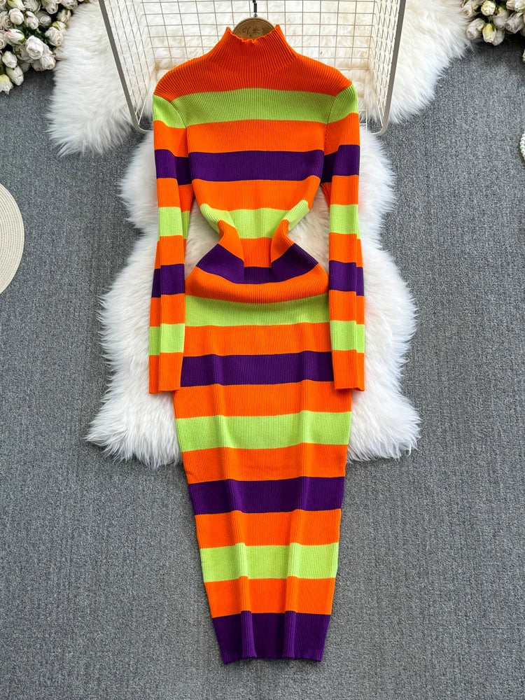 Women Temperament High Waist Knit Wrap Buttocks Dresses Stand Collar Long Sleeve Stripe Vestidos Autumn Winter eprolo