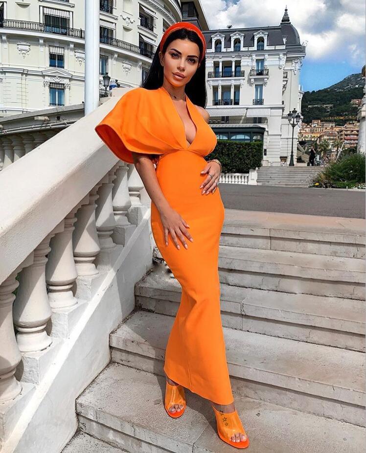 Orange V Neck Maxi Bandage Dress - Designer Evening Party Dress - Shello's Creative Boutique