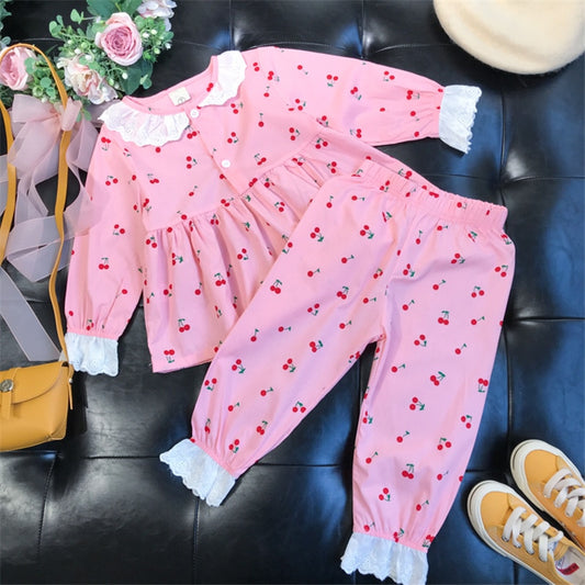 Kids Girls Summer Pajamas Children Sleepwear Baby Pajamas Sets Girls Flower Lace Cotton Nightwear Clothes Kids Clothing 2-7Y eprolo