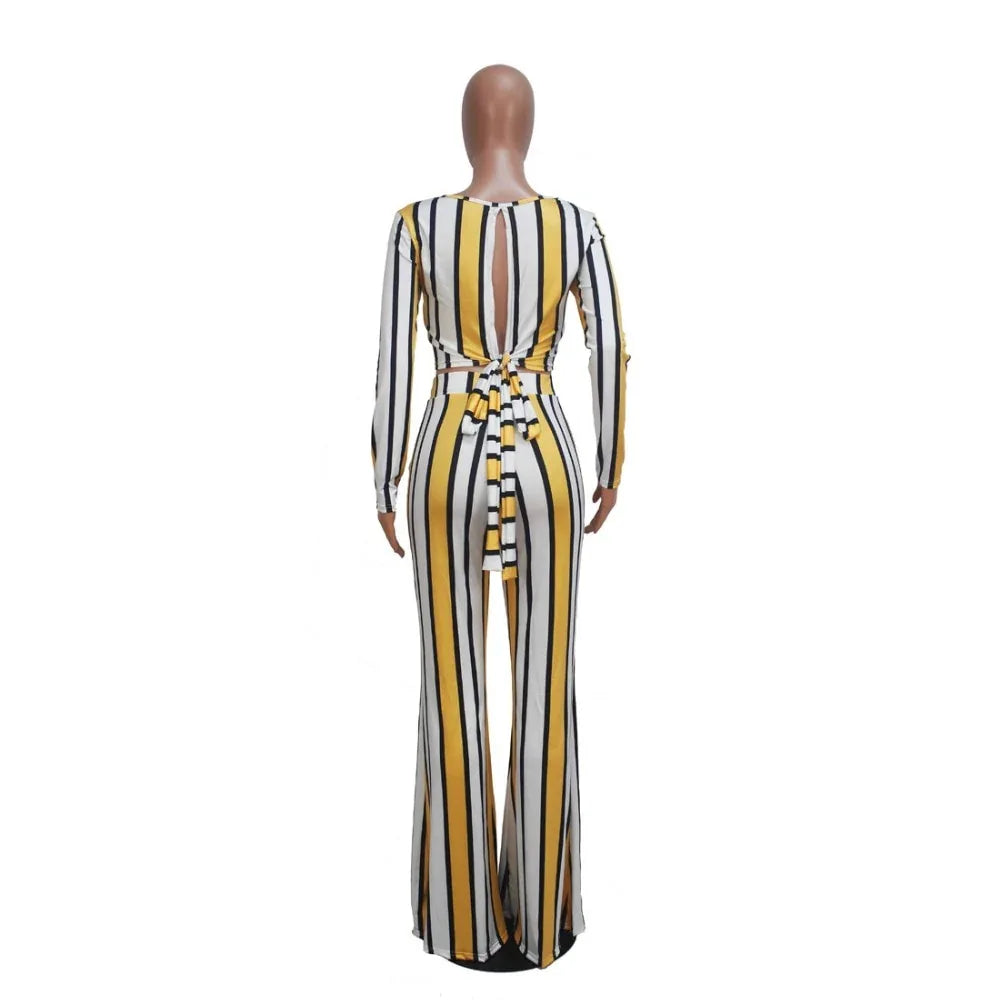 Sexy 2 two piece set top and pants autumn outfits tracksuit women long sleeve wide leg pants striped print - Shello's Creative Boutique