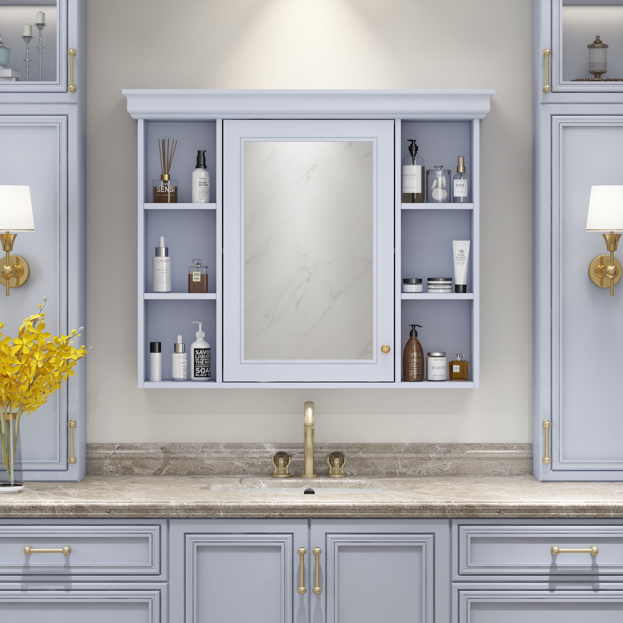 35'' x 28'' Blue Wall Mounted Bathroom Storage Cabinet with Mirror Door, Modern Bathroom Wall Cabinet with Mirror eprolo