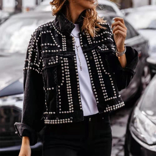 Women's Denim Stud Jacket Street Fighter Motorcycle Solid Color Short Jacket eprolo