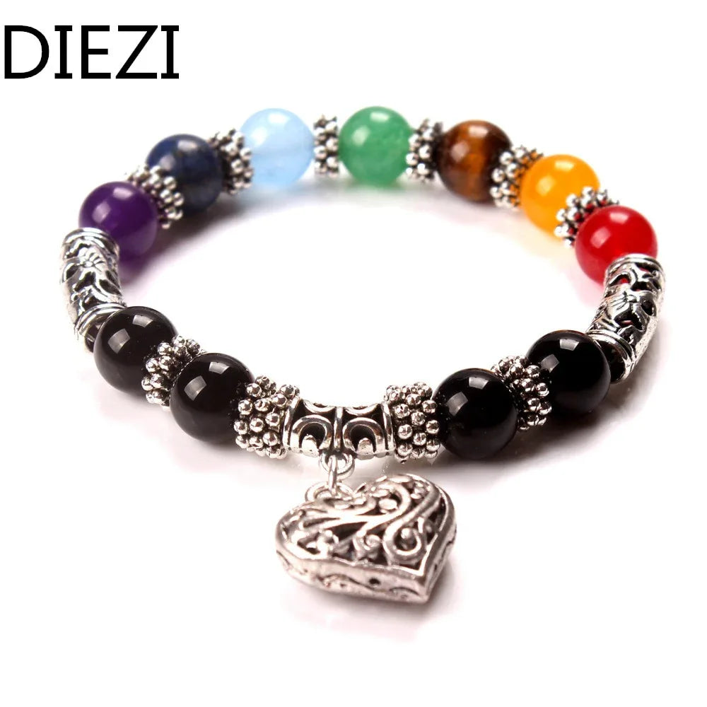 Men Women 7 Chakra Bracelets Bangles Colors Mixed Healing Crystals Stone Chakra Pray Mala Heart Charm Bracelet Jewelry - Shello's Creative Boutique