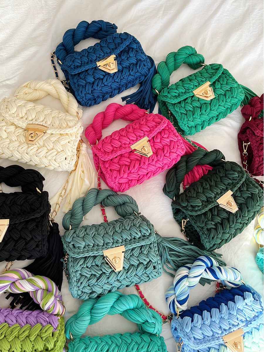 Women Crochet Shoulder Bag - Hand Woven Crochet Tassel Bag with Fried Dough Twists