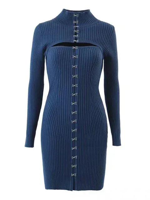 Autumn Winter Fashion Original Design Metal Buckle Knitted Shoulder Sleeve Short Dresses Two-piece Sets Women - Shello's Creative Boutique