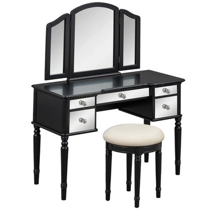 Dressing Table Set with Mirrored Drawers and Stool, Tri-fold Mirror, Makeup Vanity Set - Shello's Creative Boutique