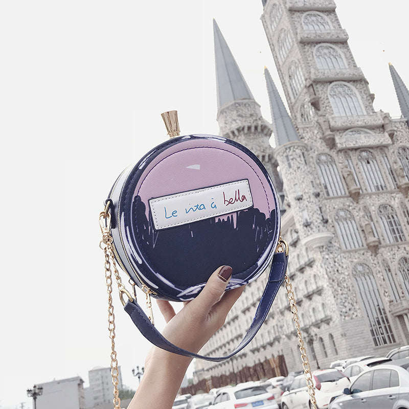 Round Letter Printed Perfume Bottle Pu Leather Casual Handbag Chain Purse Shoulder Bag Shello Creative Boutique