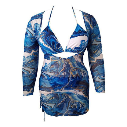 New Three Piece Bikini Digital Printing Long Sleeve Sunscreen Mesh Blouse Plus Size Swimsuit eprolo