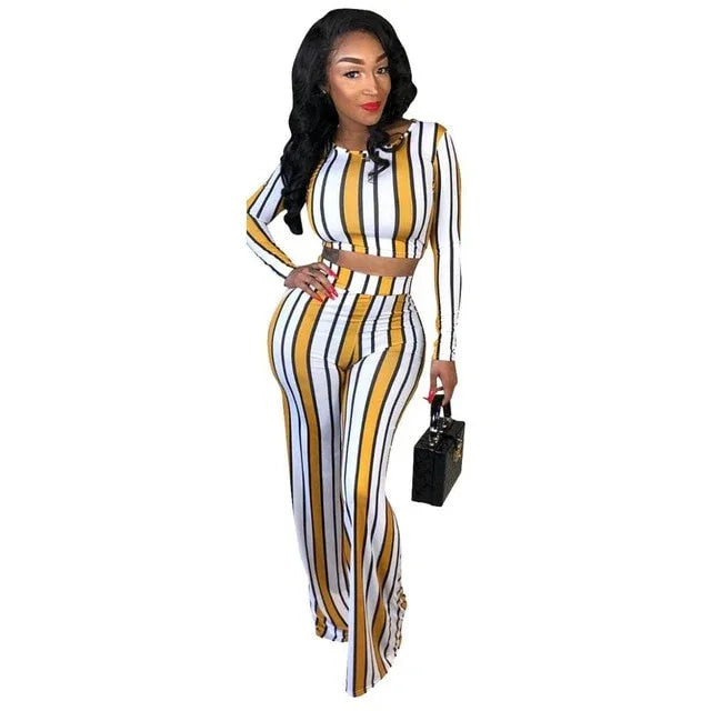 Sexy 2 two piece set top and pants autumn outfits tracksuit women long sleeve wide leg pants striped print - Shello's Creative Boutique