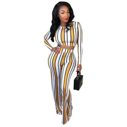 Sexy 2 two piece set top and pants autumn outfits tracksuit women long sleeve wide leg pants striped print - Shello's Creative Boutique