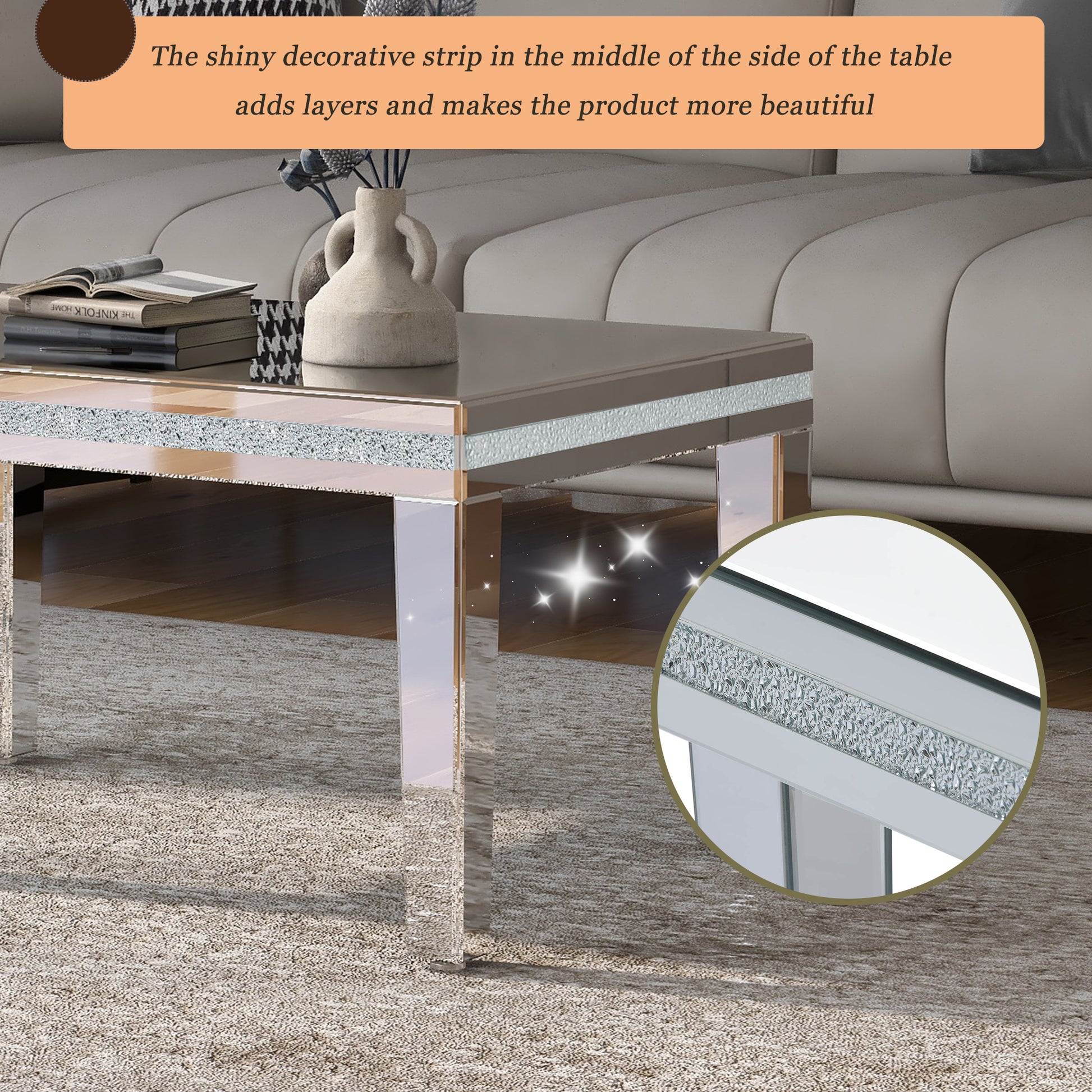 The ON-TRANS stylish modern glass mirrored coffee table features a crystal design and adjustable height legs in silver eprolo