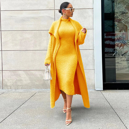 Women's autumn and winter new fashionable loose cardigan jacket double-sided velvet dress set for women - Shello's Creative Boutique
