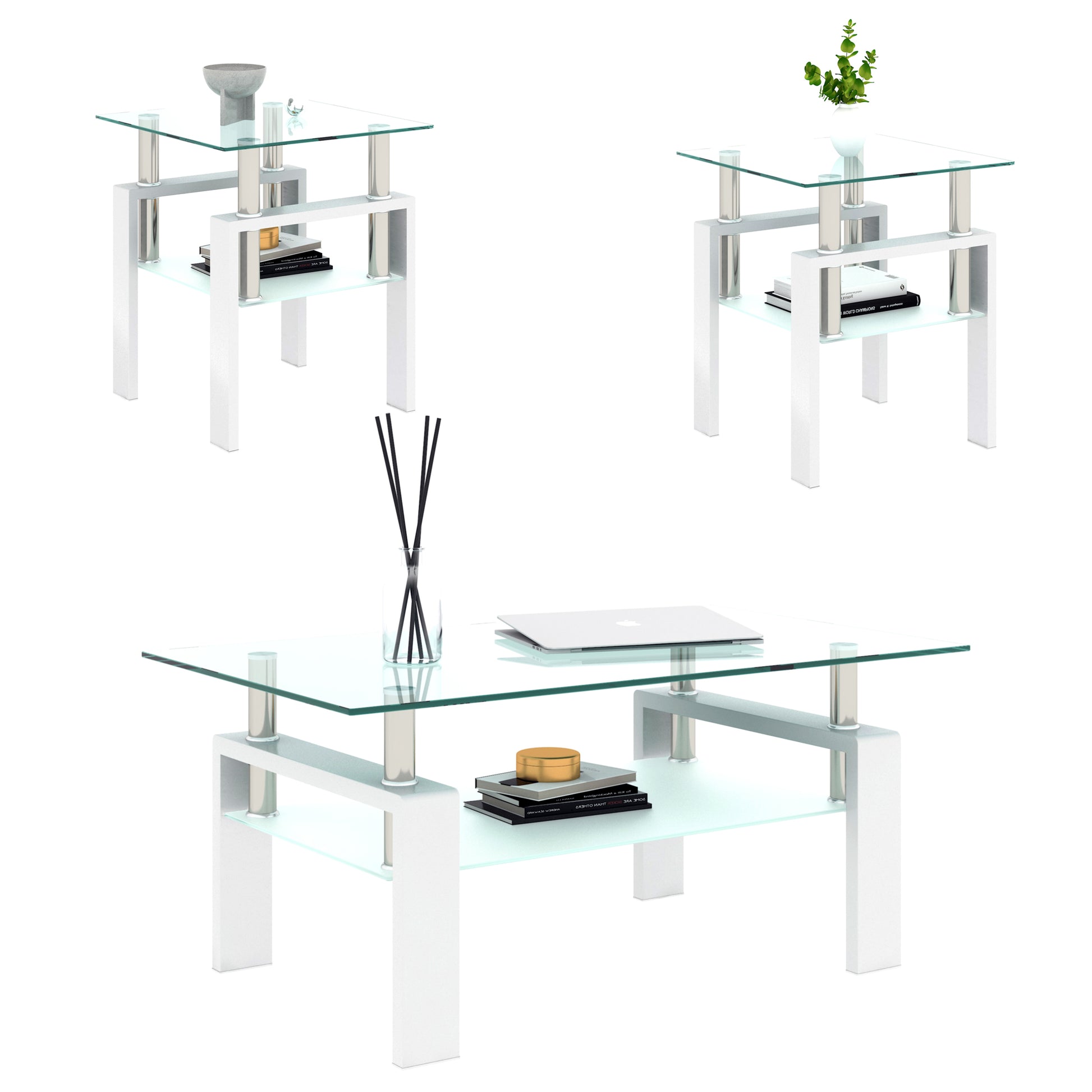 Set of 2, Modern Tempered Glass Tea Table Coffee Table End Table, Square Table for Living Room, Transparent/White eprolo