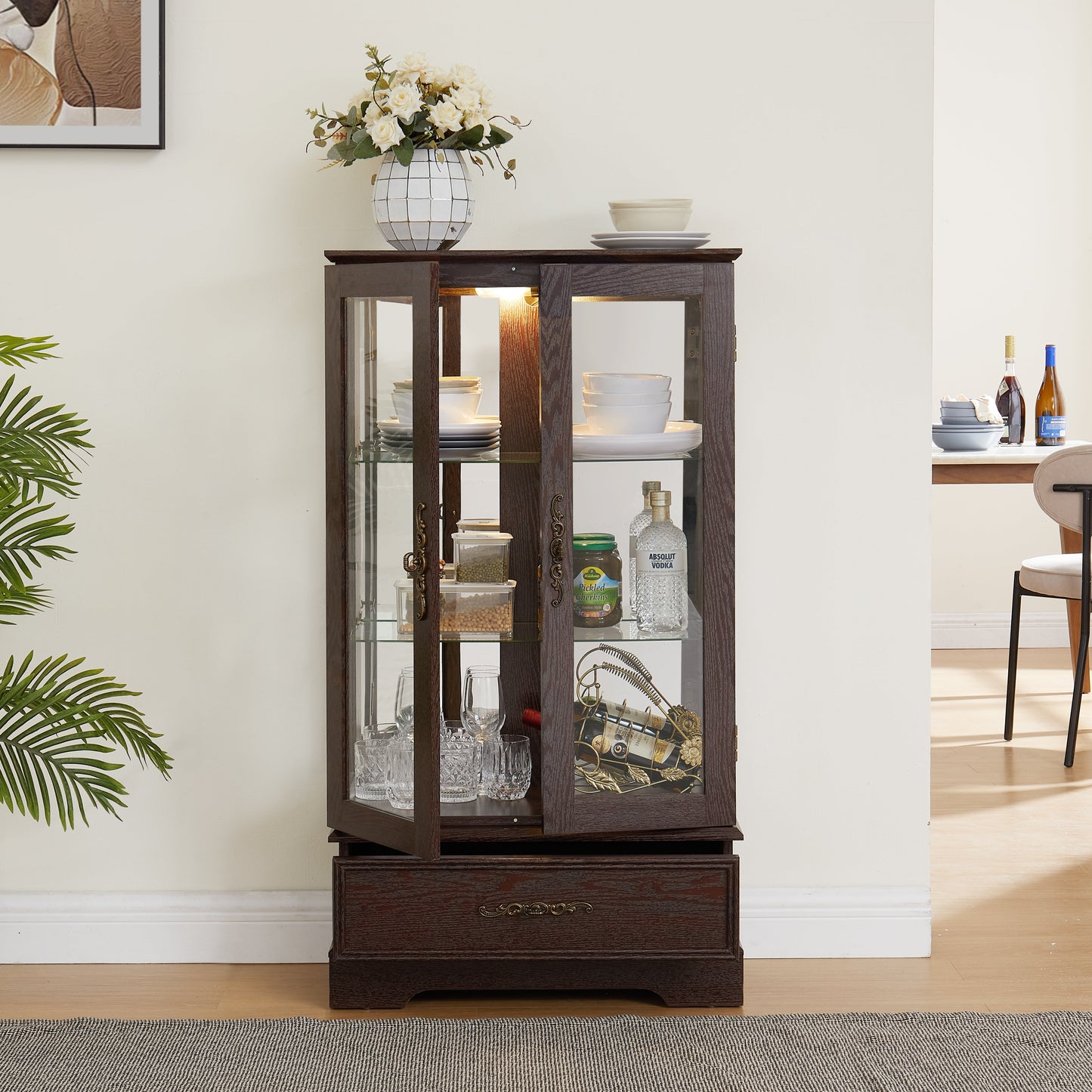 Light colored glass cabinet with adjustable glass frame Curio display cabinet, 2 doors and 1 drawer light bulb cherry color eprolo