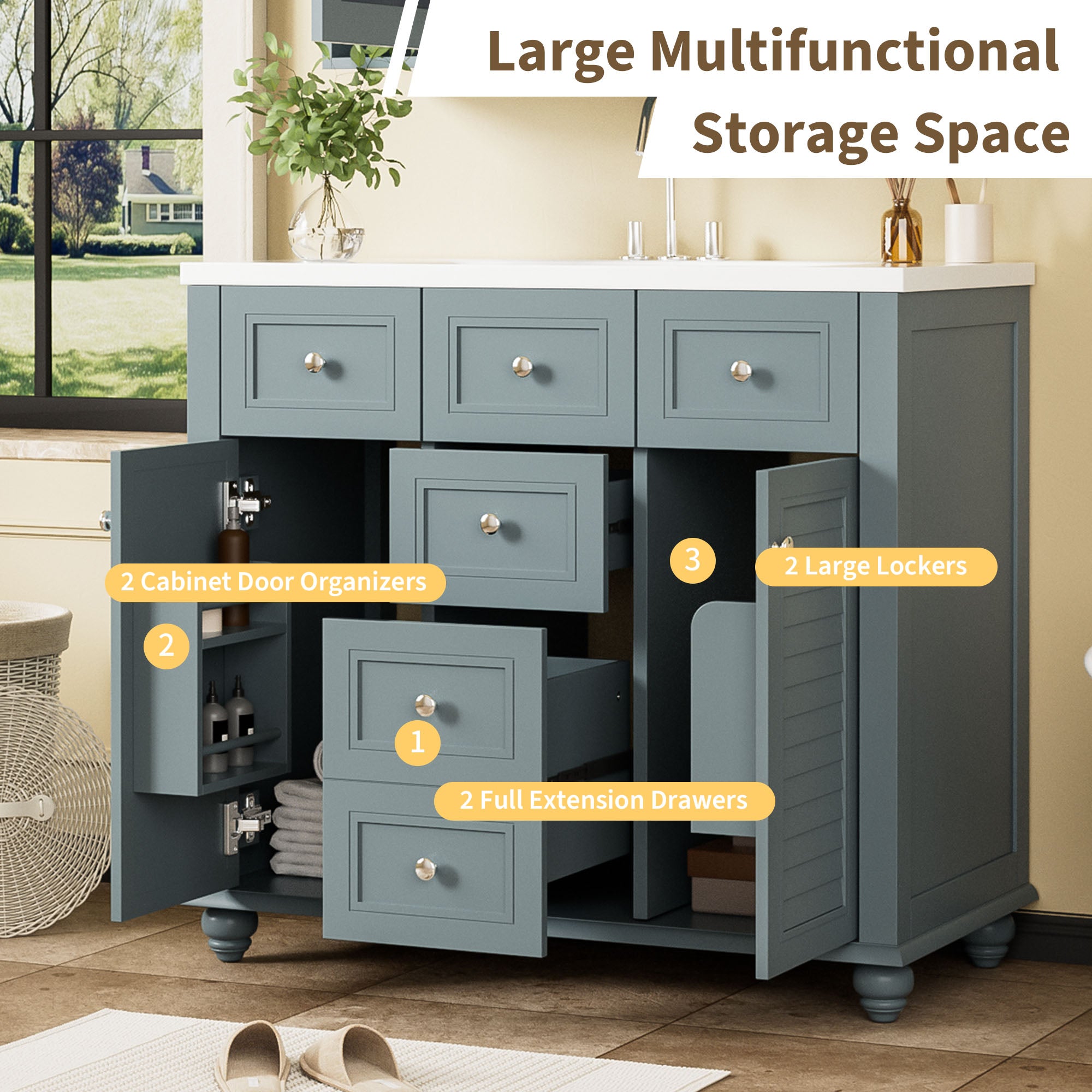 36 inch modern mirror cabinet with adjustable shelves, 2 soft closing doors, and 6 drawer storage cabinet door organizers eprolo