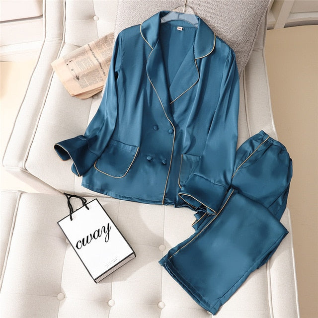 2 Pieces Faux Silk Satin Pajamas Set Autumn Women Sleepwear eprolo